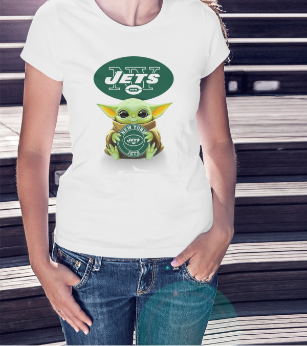 Baby Yoda Holding New York Jets Football T-Shirt