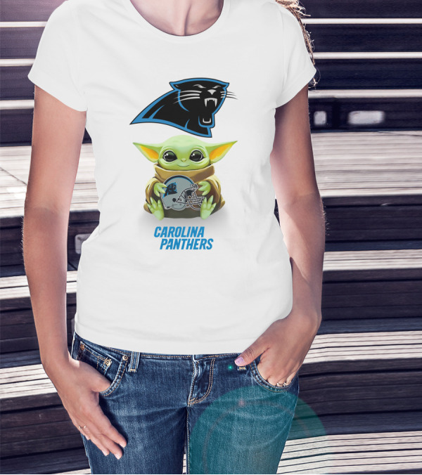 Star Wars Baby Yoda Holding Carolina Panthers Helmet T-Shirt