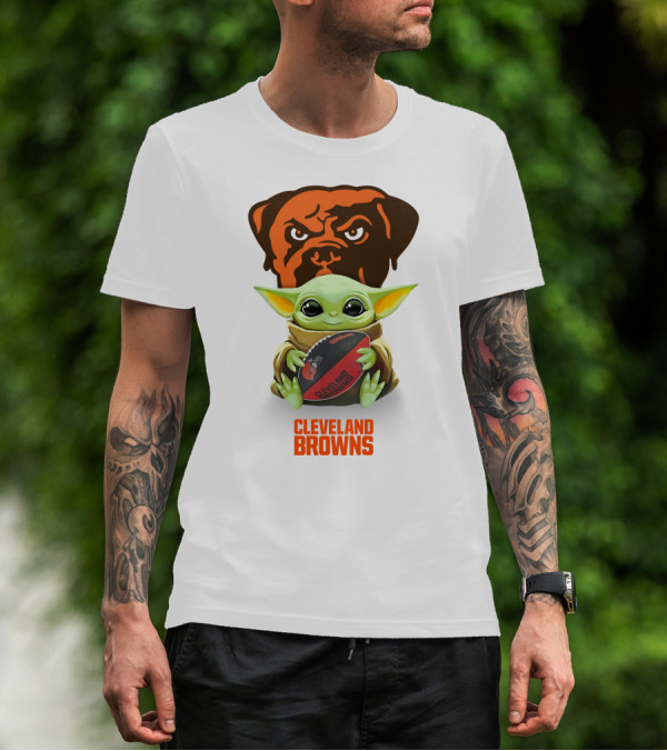 Baby Yoda Holding Cleveland Browns Football With Team Logo Background T-Shirt