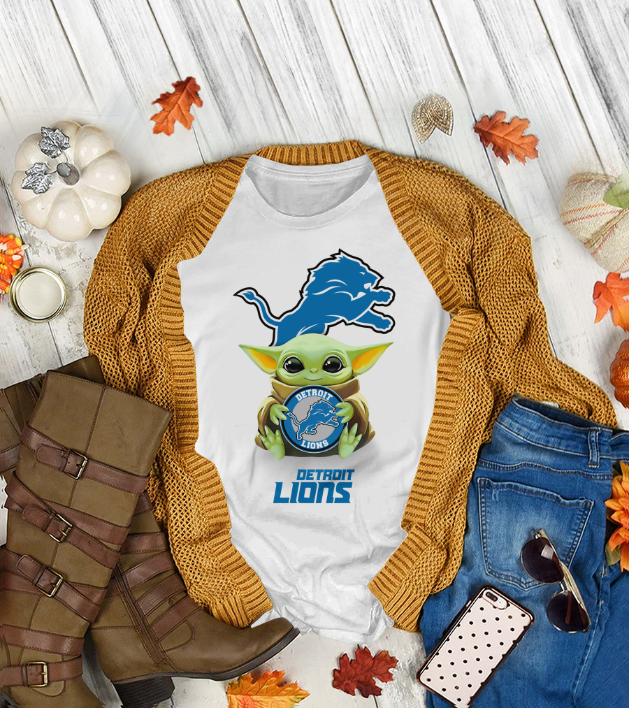 Star Wars Baby Yoda Detroit Lions Hugging Logo White T-Shirt