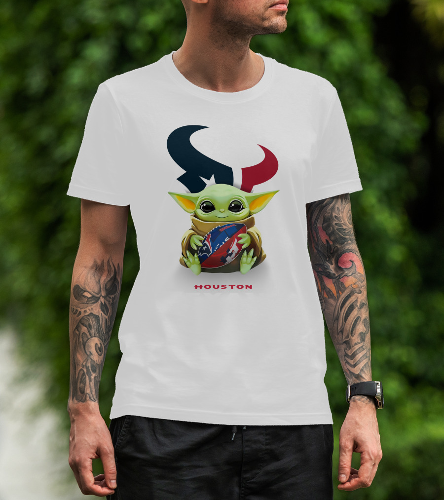 Star Wars Baby Yoda Hug Houston Texans Football Tailgate White Iconic T-Shirt