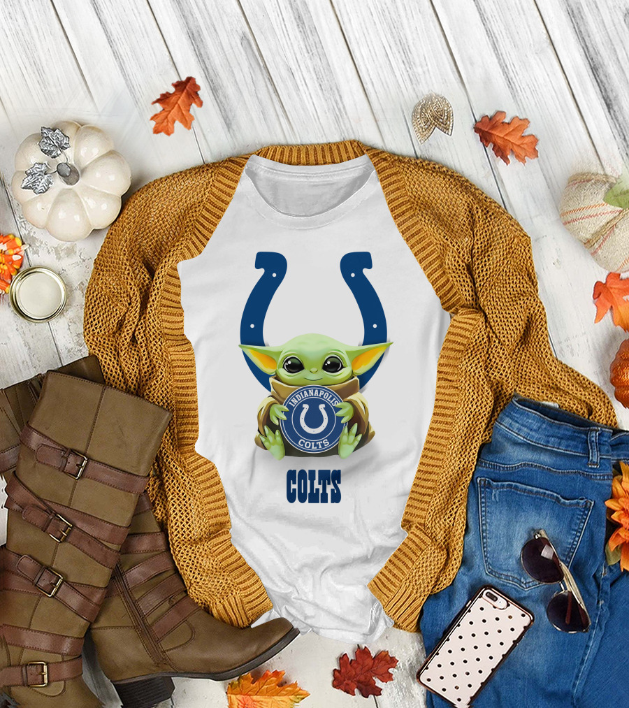 Star Wars Baby Yoda Hug Indianapolis Colts Colts Logo White T-Shirt
