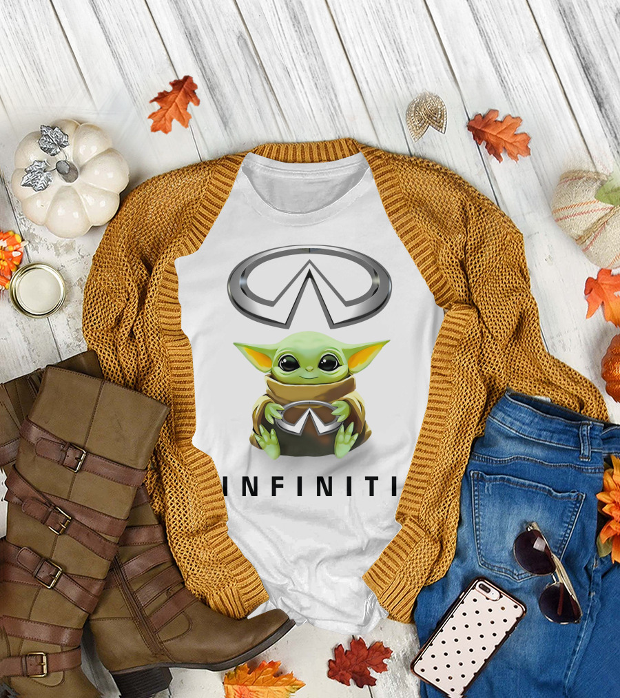 Star Wars Baby Yoda Holding Infiniti Logo White T-Shirt