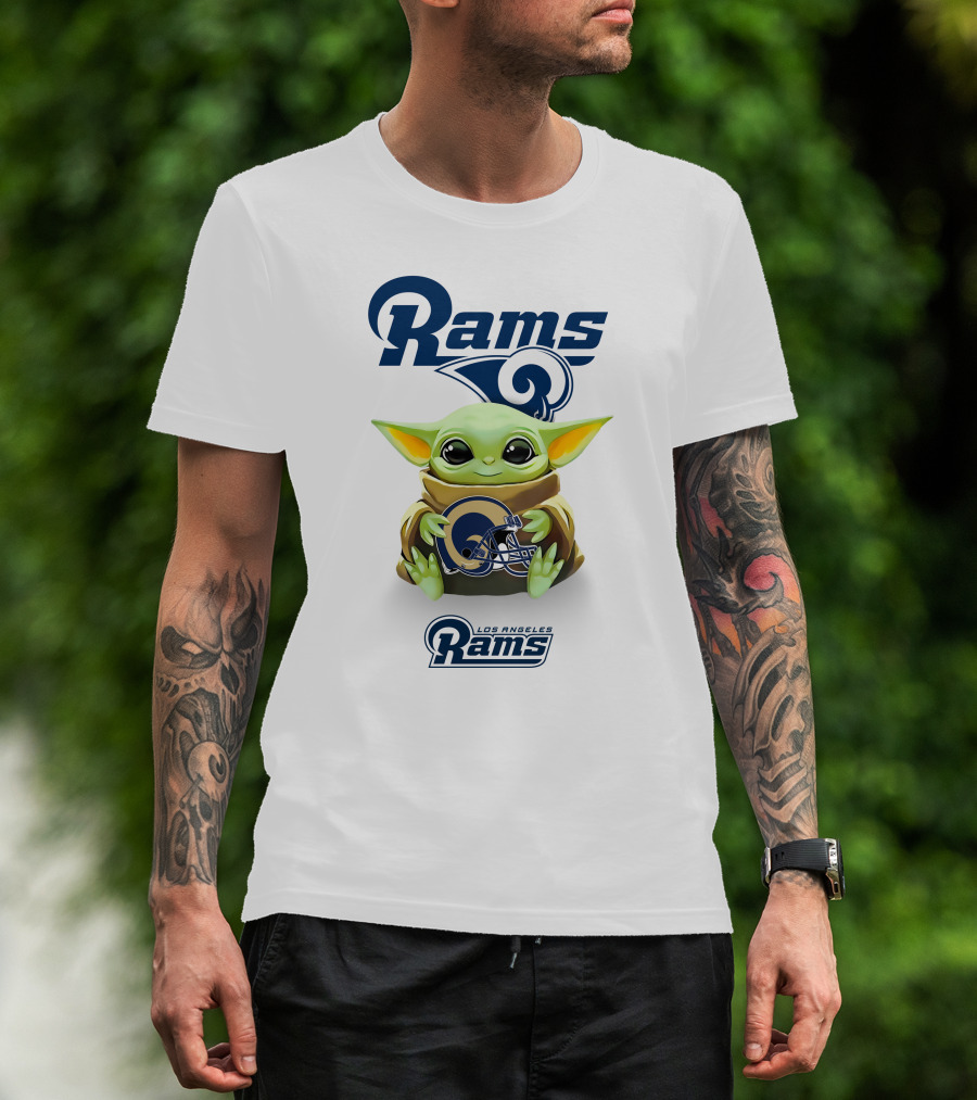 Rams Star Wars Baby Yoda Los Angeles Rams Helmet Hug T-Shirt