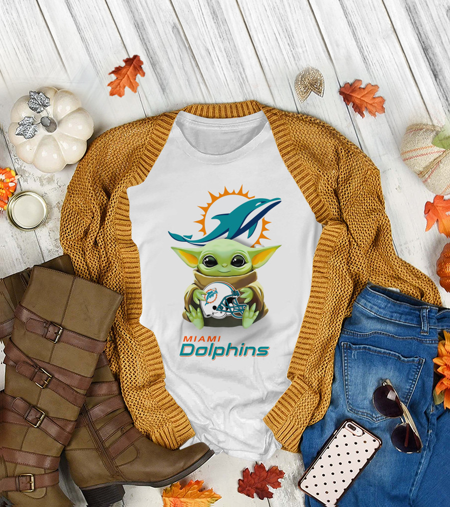 Star Wars Baby Yoda Miami Dolphins Helmet Hug White T-Shirt