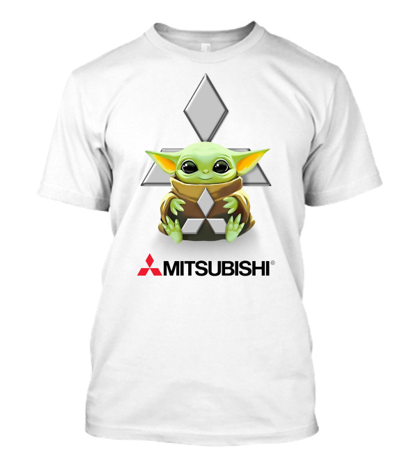 Star Wars Baby Yoda Hug Mitsubishi Logo White Background T-Shirt