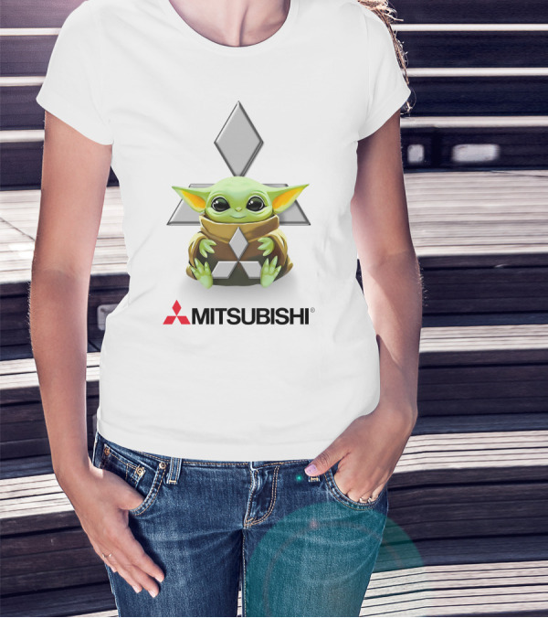 Star Wars Baby Yoda Hug Mitsubishi Logo White Background T-Shirt