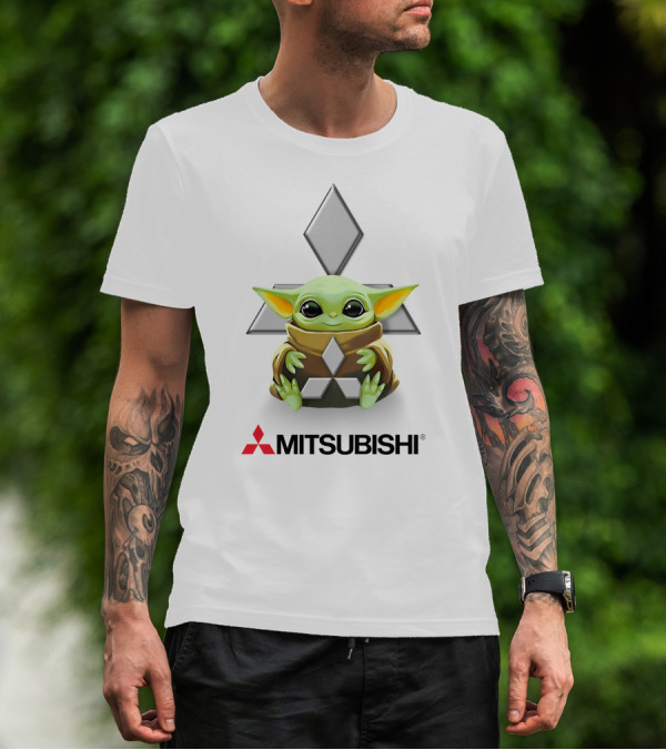 Star Wars Baby Yoda Hug Mitsubishi Logo White Background T-Shirt