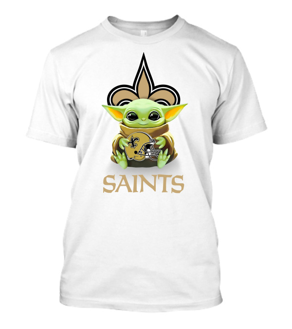 Star Wars Baby Yoda Hug New Orleans Saints Helmet Saints Fleur-de-lis White T-Shirt