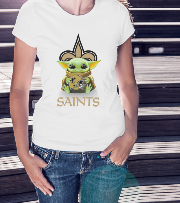 Star Wars Baby Yoda Hug New Orleans Saints Helmet Saints Fleur-de-lis White T-Shirt
