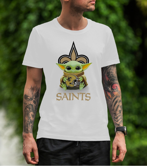 Star Wars Baby Yoda Hug New Orleans Saints Helmet Saints Fleur-de-lis White T-Shirt