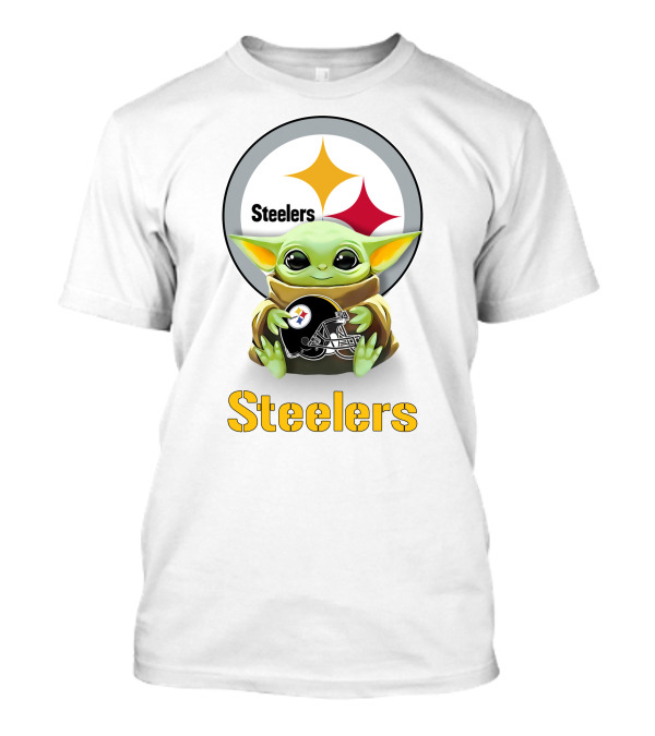 Baby Yoda Hugging Steelers Helmet With Pittsburgh Steelers T-Shirt