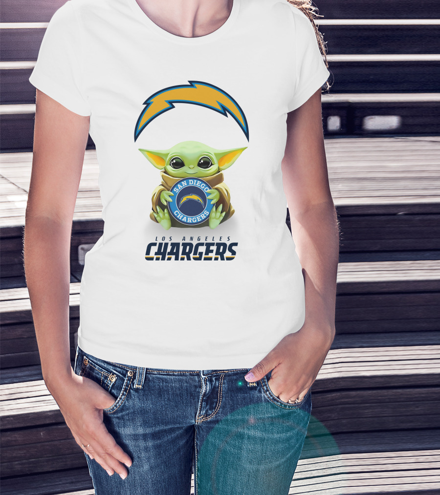 Baby Yoda Holding San Diego Chargers Logo With Los Angeles Chargers Text T-Shirt