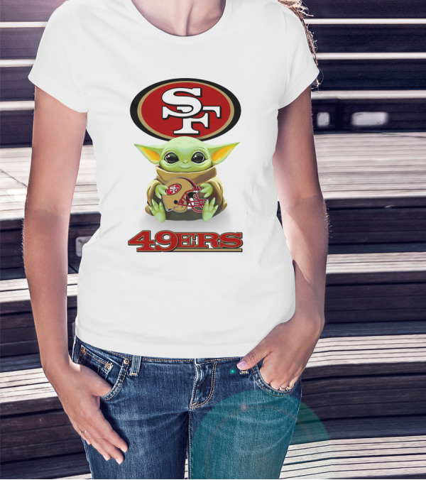 Star Wars Baby Yoda Holding San Francisco 49ers Helmet Logo SF 49ers T-Shirt