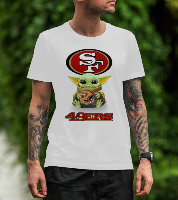 Star Wars Baby Yoda Holding San Francisco 49ers Helmet Logo SF 49ers T-Shirt