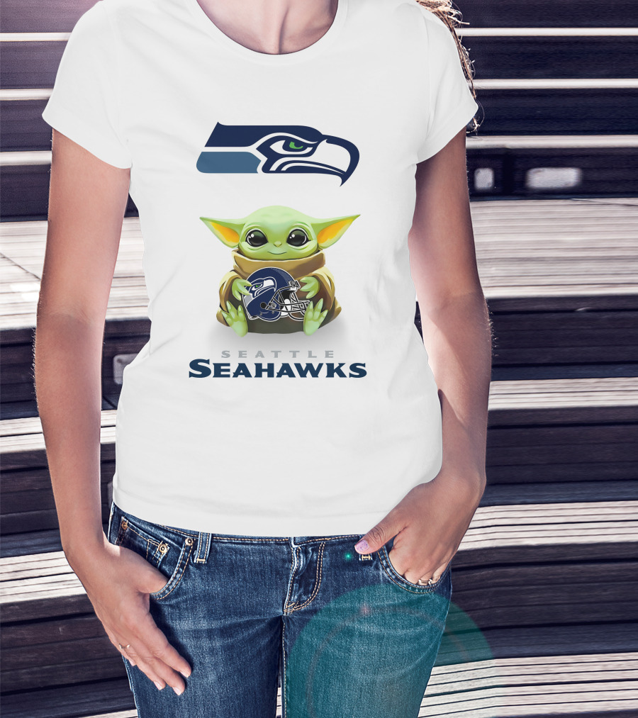 Star Wars Baby Yoda Holding Seattle Seahawks Helmet T-Shirt