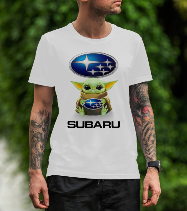 Baby Yoda Holding Subaru Logo Star Wars Crossover T-Shirt