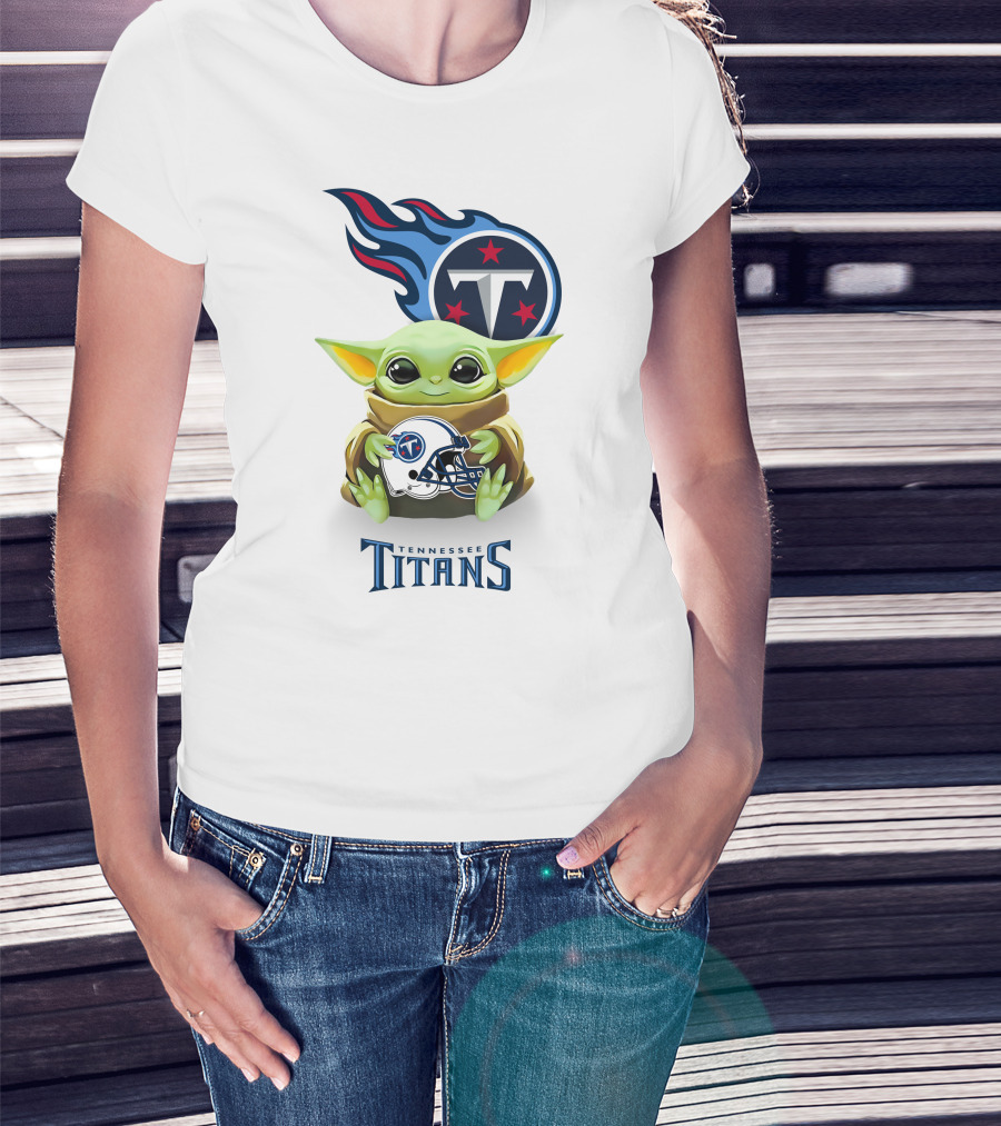 Star Wars Baby Yoda Holding Tennessee Titans Helmet T-Shirt