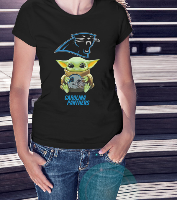 Grogu Holding Carolina Panthers Helmet With Team T-Shirt