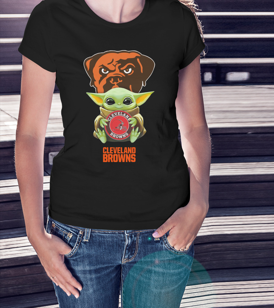 Grogu Holding Cleveland Browns Emblem With Team Mastiff Background T-Shirt