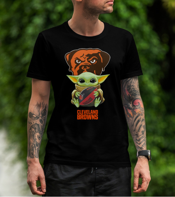 Grogu Hugging Football With Cleveland Browns Logo Tailgate T-Shirt