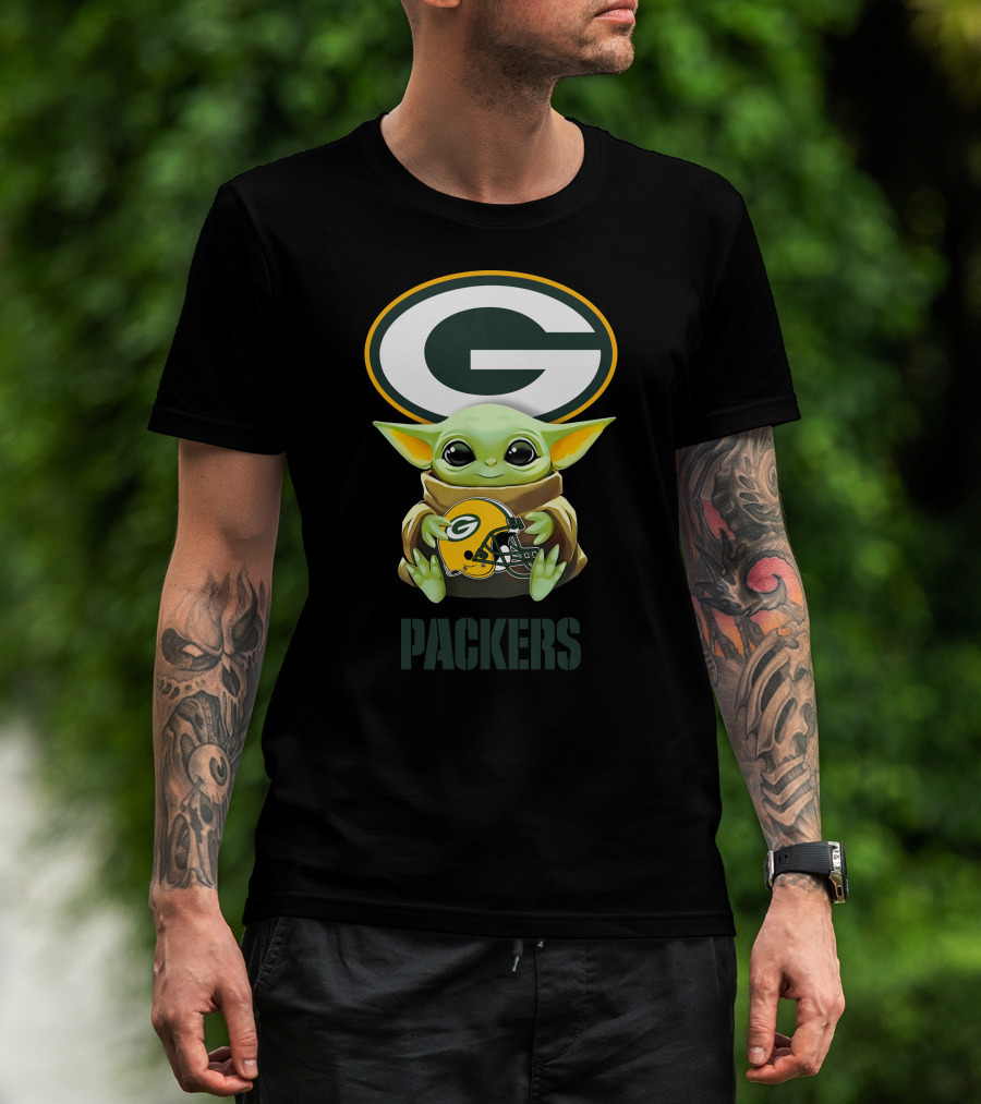 Grogu Holding Green Bay Packers Helmet With Packers T-Shirt