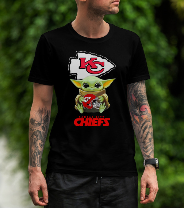 Kansas City Chiefs Grogu Hugging Helmet Icon With KC Arrowhead T-Shirt