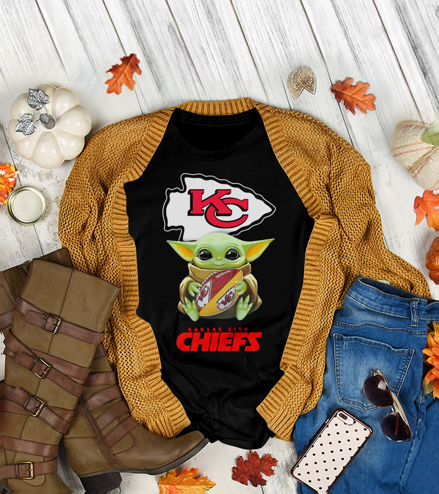Grogu Holding Football Kansas City Chiefs KC T-Shirt