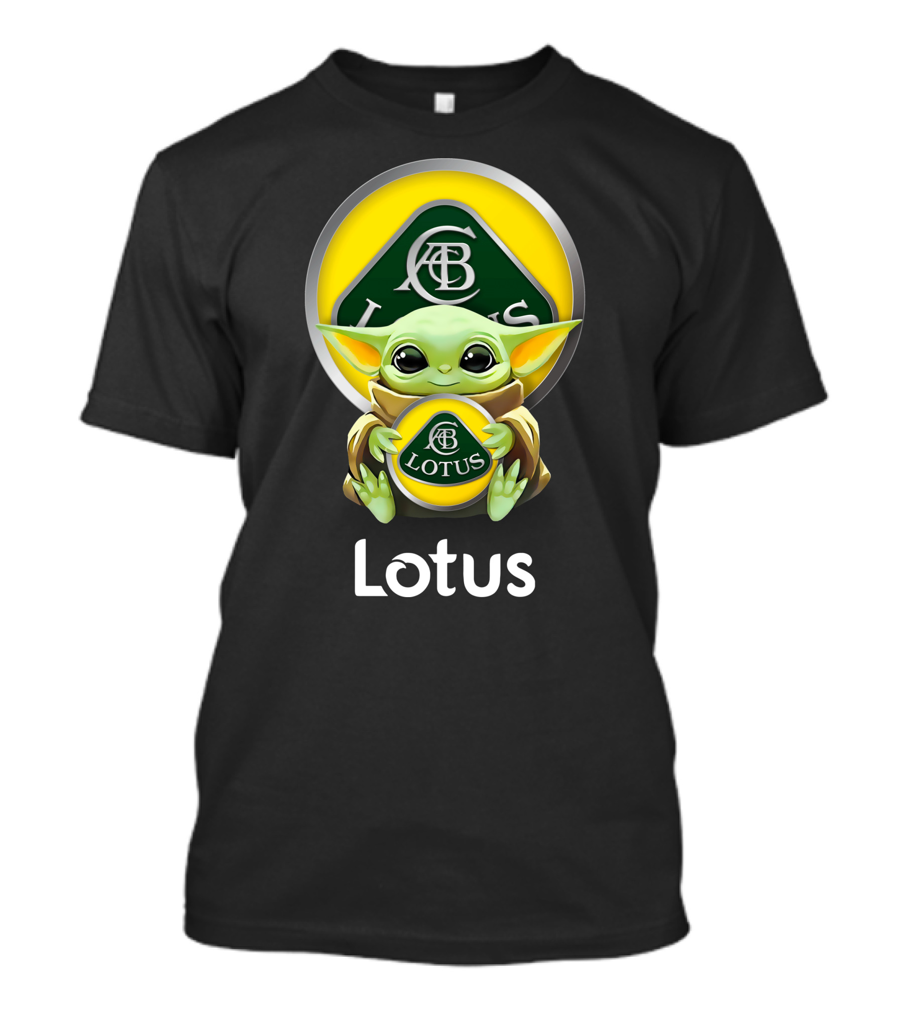 Grogu Holding Classic Lotus Emblem In Green And Yellow T-Shirt