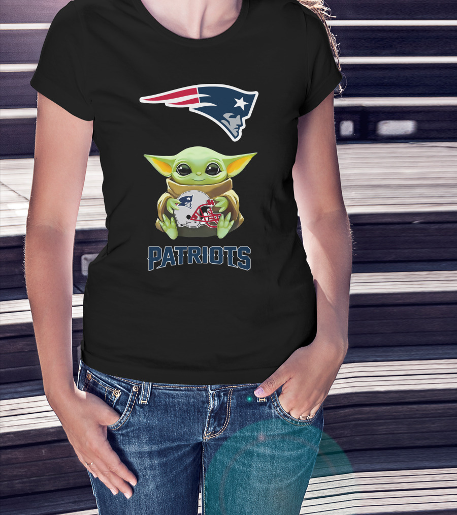 Grogu Holding New England Patriots Helmet With Logo And Patriots Text T-Shirt