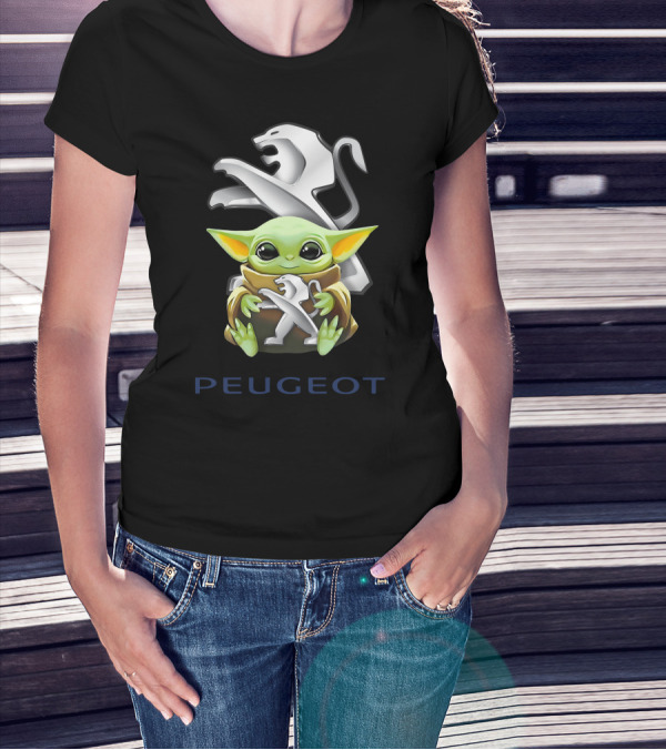 Grogu Holding Peugeot Logo With Lion Emblem T-Shirt