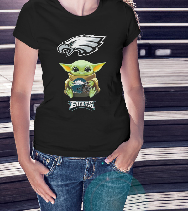 Grogu Holding Philadelphia Eagles Helmet With Eagles T-Shirt