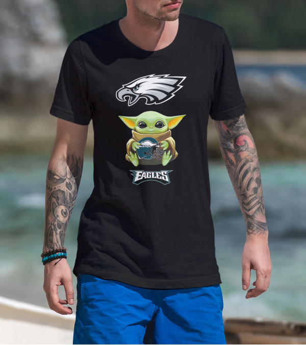 Grogu Holding Philadelphia Eagles Helmet With Eagles T-Shirt
