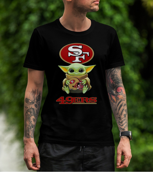 Grogu Holding San Francisco 49ers SF Logo Helmet 49ers T-Shirt