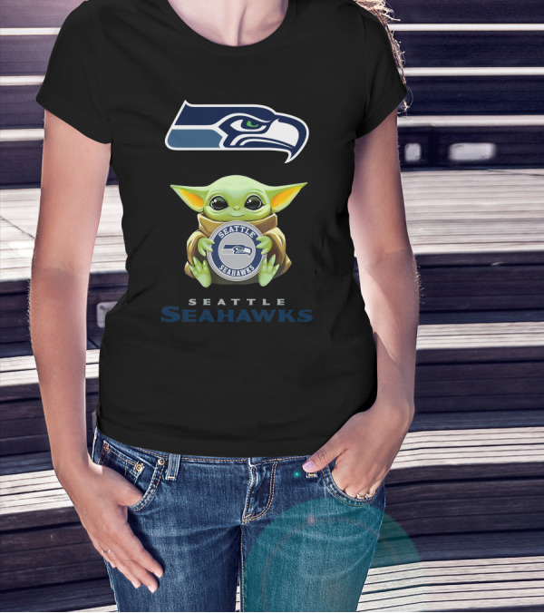 Grogu Holding Seattle Seahawks Logo Emblem With Team Name T-Shirt