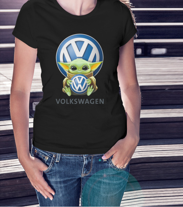 Grogu Holding Volkswagen Logo With Volkswagen Aktiengesellschaft Text T-Shirt