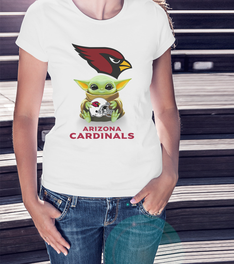 Grogu Holding Arizona Cardinals Helmet With Team Logo And Name T-Shirt