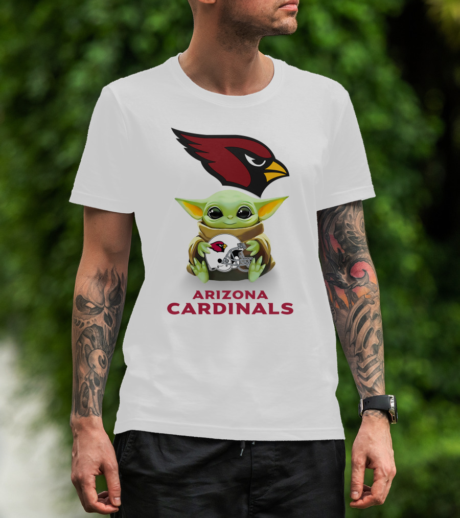 Grogu Holding Arizona Cardinals Helmet With Team Logo And Name T-Shirt