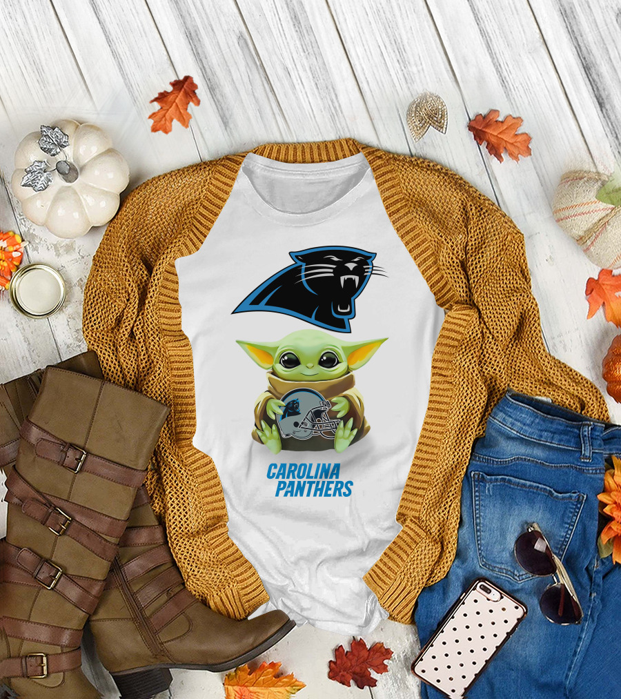 Grogu Holding Carolina Panthers Helmet with Logo Iconic T-Shirt