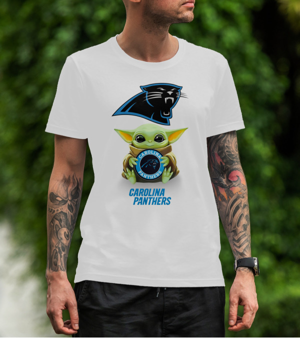 Grogu Holding Carolina Panthers Emblem With Team Logo In White T-Shirt