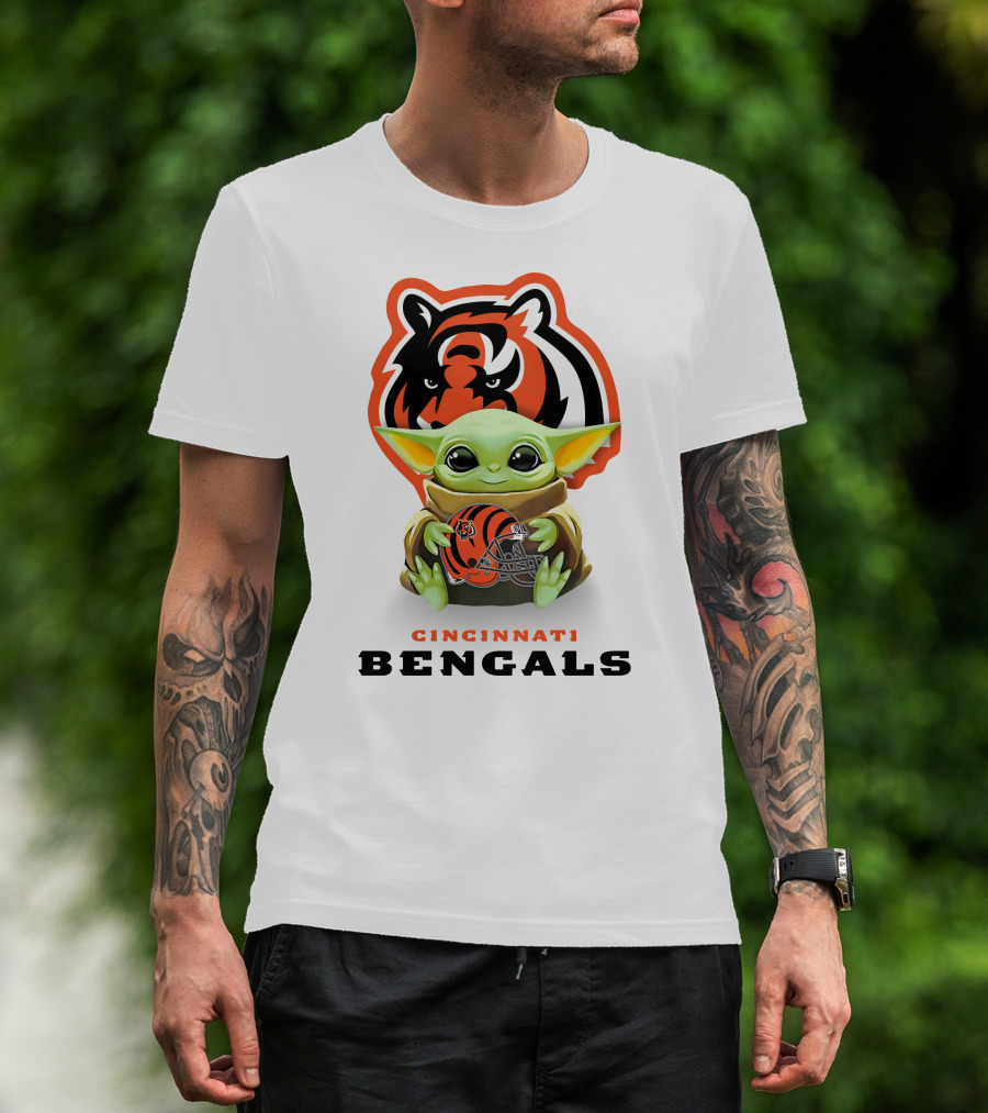 Grogu Holding Cincinnati Bengals Helmet With Team Logo And Colors T-Shirt