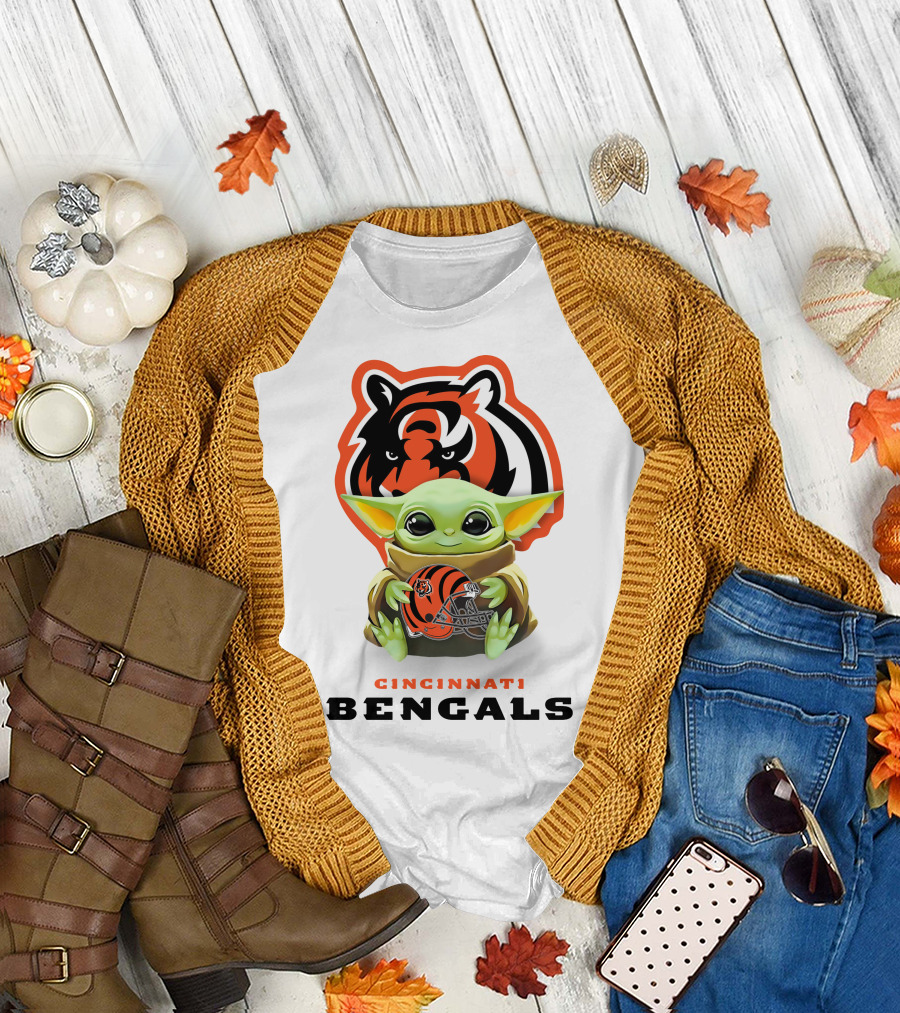Grogu Holding Cincinnati Bengals Helmet with Team Logo and Colors T-Shirt