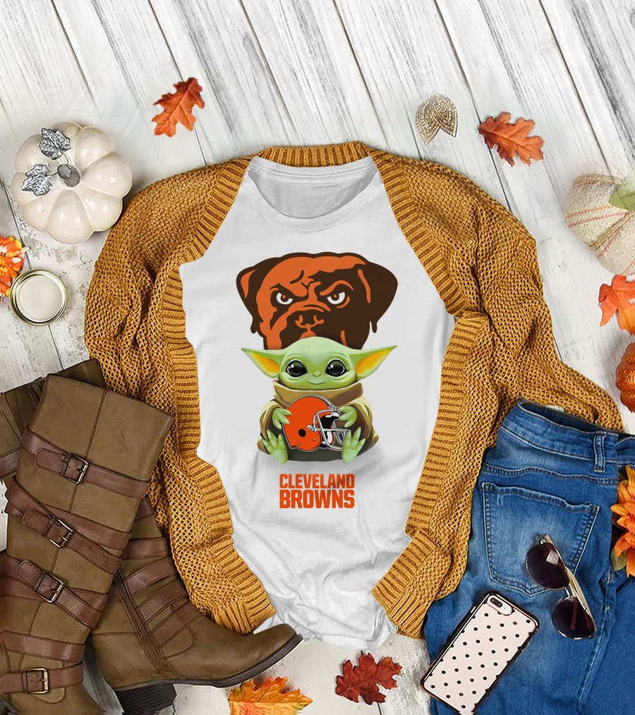 Grogu Holding Cleveland Browns Helmet with Brown Dog T-Shirt
