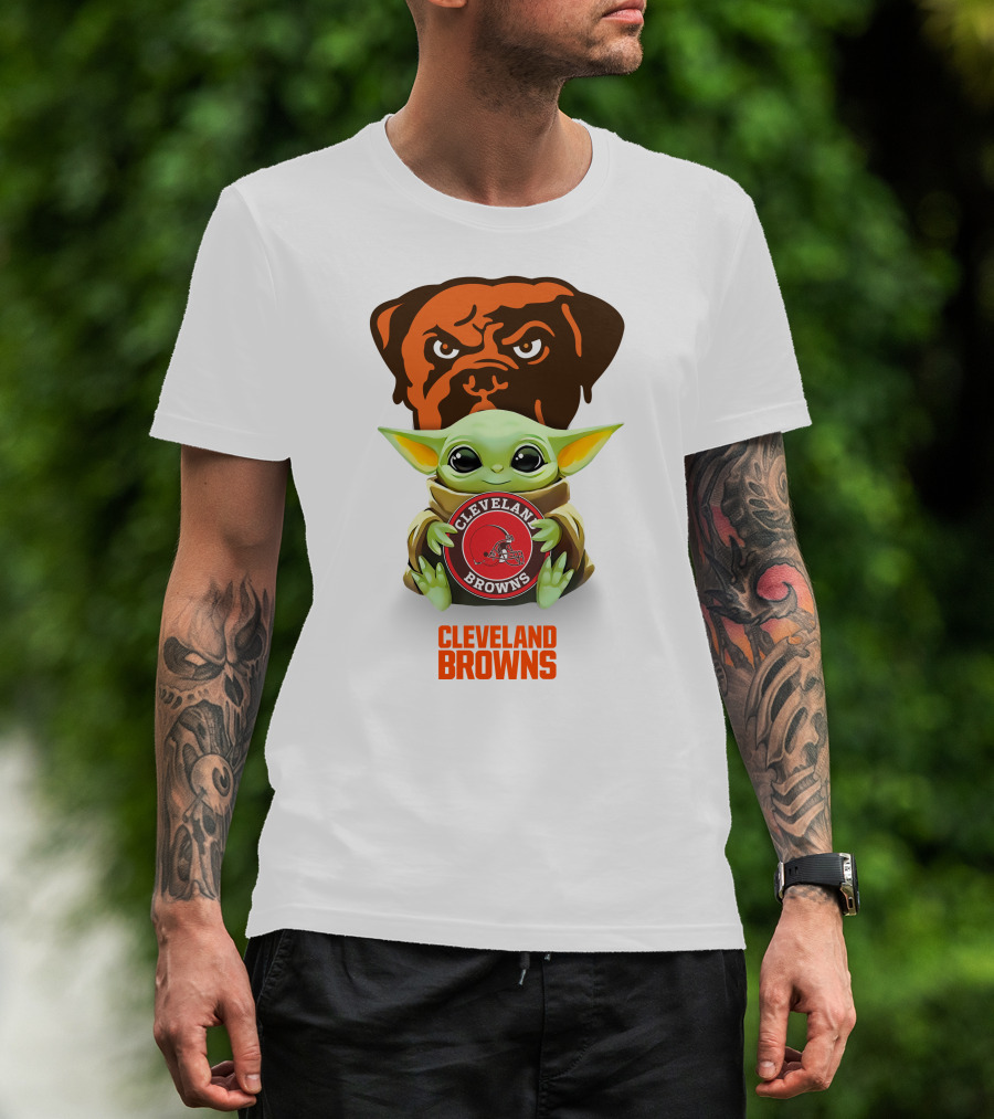 Cleveland Browns Grogu Hugging Cleveland Browns Logo Star Wars Crossover T-Shirt