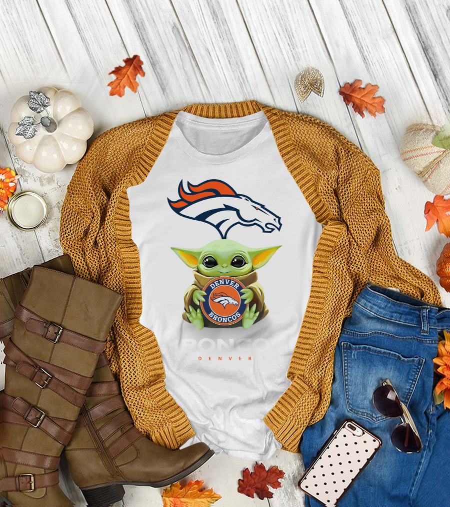 Grogu Hugging Denver Broncos Sign with Broncos Logo Above T-Shirt
