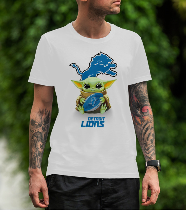 Grogu Holding Detroit Lions Football With Team T-Shirt