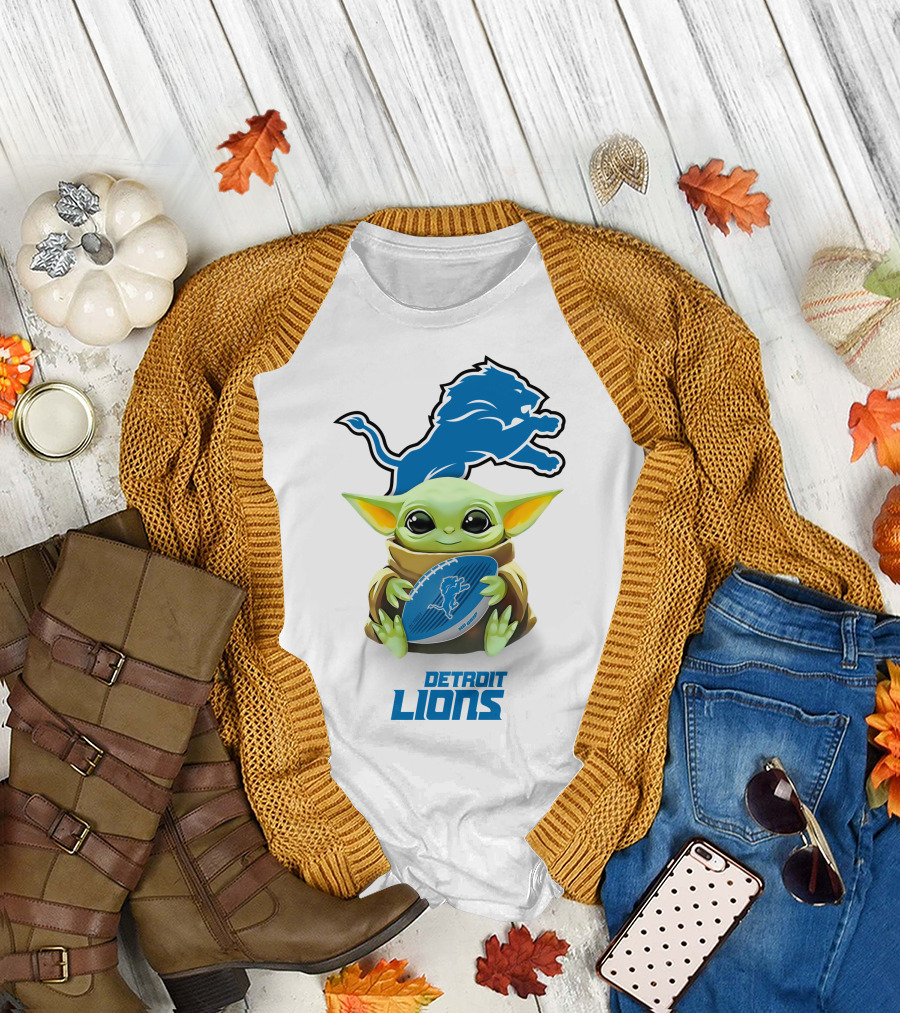 Grogu Holding Detroit Lions Football with Team T-Shirt