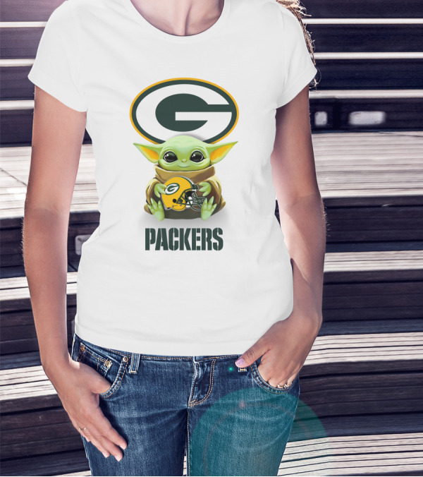 Grogu Holding Green Bay Packers Helmet With Logo And Text Packers T-Shirt