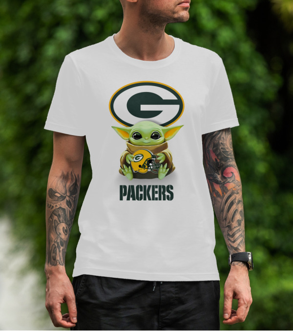 Grogu Holding Green Bay Packers Helmet With Logo And Text Packers T-Shirt