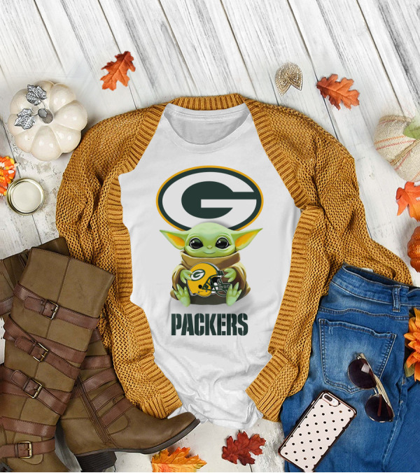 Grogu Holding Green Bay Packers Helmet With Logo And Text Packers T-Shirt